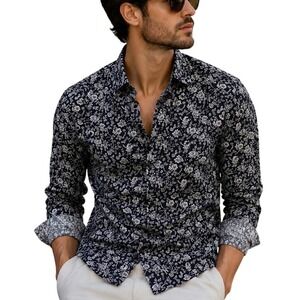 H&M Slim Fit Floral Button Down Shirt Men's Medium Navy White Casual